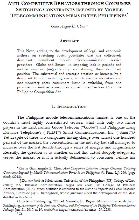 Anti-Competitive Behaviors Through Consumer Switching Constraints Imposed By Mobile Telecommunications Firms In The Philippines