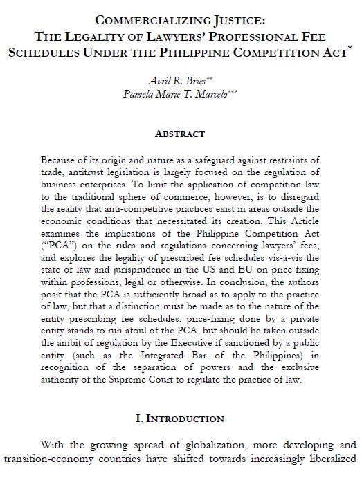 Commercializing Justice:  The Legality Of Lawyers’ Professional Fee Schedules Under The Philippine Competition Act