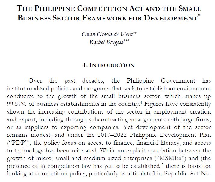 The Philippine Competition Act and  the Small Business Sector Framework for Development